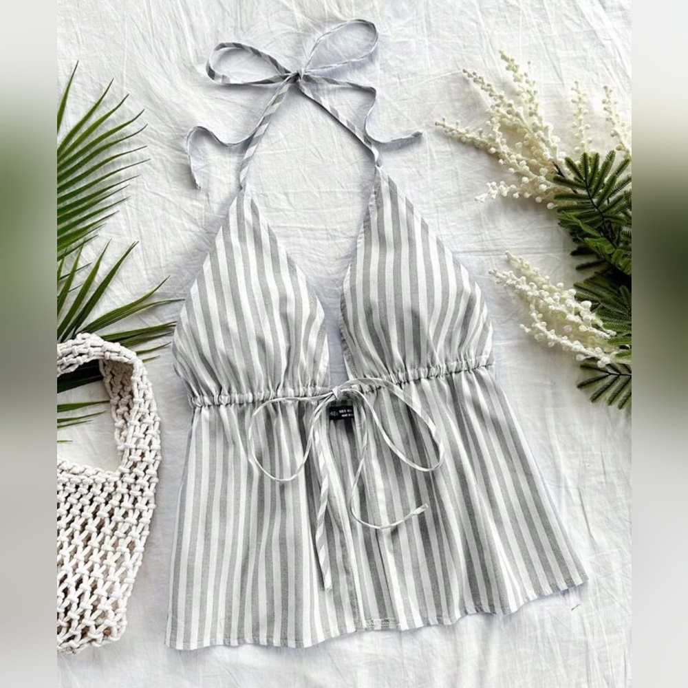 Mlle Gabrielle Gray Striped Halter Top